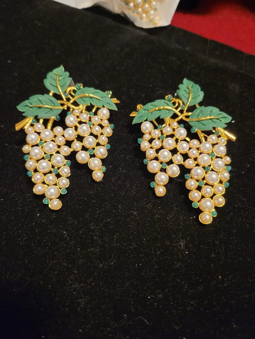 Pearl Cluster Grape Drop Earrings with Green Enamel Leaves